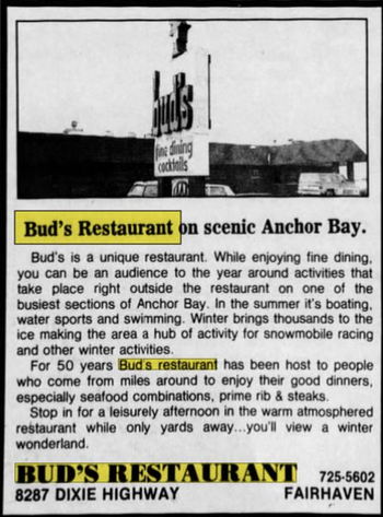 Bobby Macs Bayside Tavern & Grill (Buds Restaurant) - Feb 1994 Ad For Buds (newer photo)